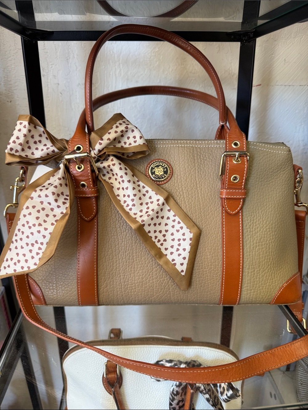 Dooney & Bourke Pebble Leather Satchel in Taupe with Tan Trim